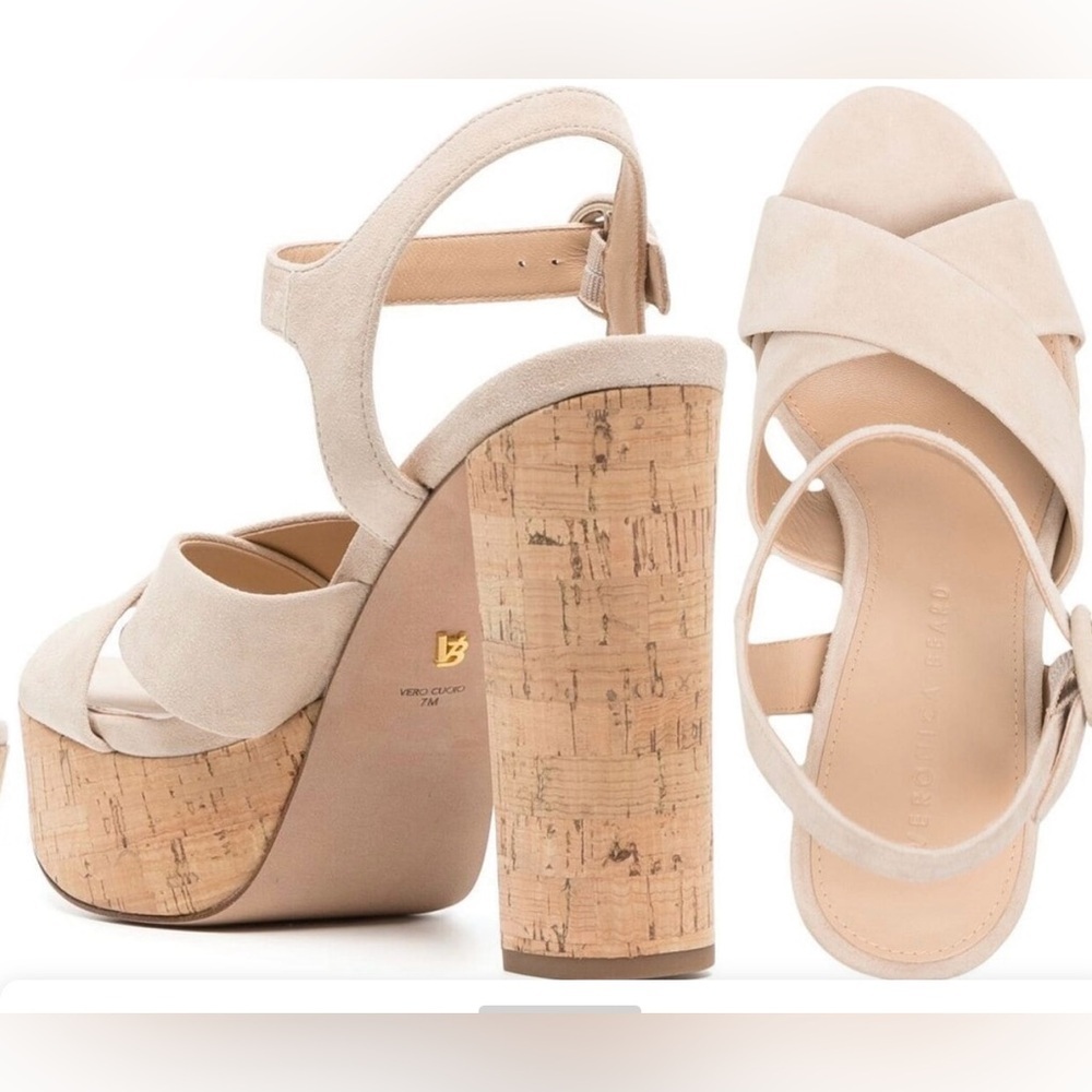 Veronica Beard Lucille Ecru Beige Suede Cork Platform Sandals Pumps Sz 9 NWOB